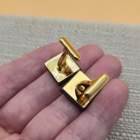 Black And Gold Checkered Shell And Onyx Cuff Links A5986 - Picture 4 of 6